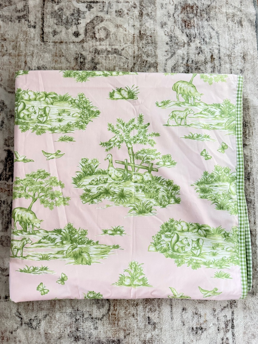 Pottery Barn Kids Woodland Animals Toile Curtain Panel 44x84 Pink Green Gingham